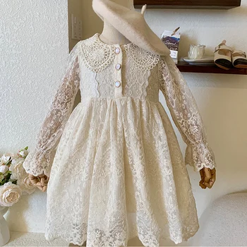 Baltos spalvos Nėrinių Suknelės Mergaitėms Rudenį Saldus Peter Pan Apykaklės Siuvinėjimo Kis Vaikų Suknelė