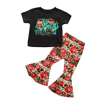 Bamblys Baby Girl Vasaros Drabužių Nustatyti Pynimas juodi marškinėliai Topai + Gėlių Spausdinti Užsiliepsnojo Kelnės už kaktusas mergaičių apranga