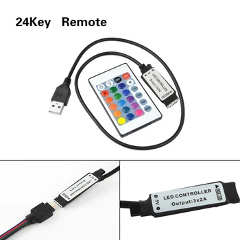 Belaidis USB RGB LED Juostelės Žibintai Valdytojas 5050 3528 4Pin 24Key IR Nuotolinis Valdiklis, Skirtas PC TV Apšvietimas Neon Dimeris DC12V
