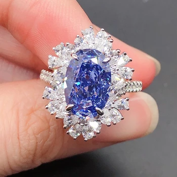 Fantastinis 14K Papuošalai 4.5 Ct Ovalo Supjaustyti Sapphire Blue Diamond Engagement Ring Kietas 14K 585 Balto Aukso Žiedas Ceremonija Dovana 200r