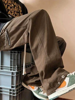 Harajuku Derliaus Streetwear Baggy Kelnės Vyrams, Atsitiktinis Tiesiai Krovinių Kelnės Hip-Hop Pločio Kojų Kelnės Prarasti Netikrą Užtrauktukas Safari Stilių