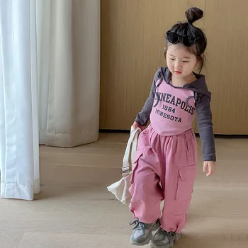 Korėjos vaikų drabužių Rudens 2023 merginos korėjos kostiumas madingas plonas gobtuvu megztinis Krovinių kelnės baby girl drabužiai