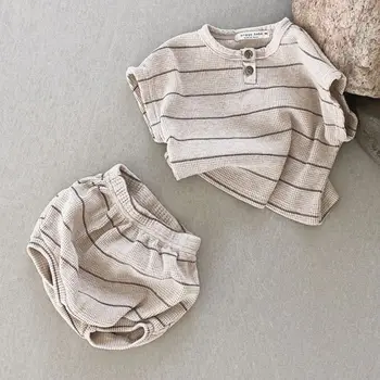 Korėjos Vasaros Kūdikių Berniukų trumparankoviai marškinėliai Šortai Dviejų dalių Baby Atsitiktinis Dryžuotas Kostiumas Banga