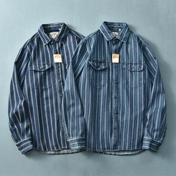 Pavasarį ir rudenį naujoji banga vyriški ilgomis rankovėmis dryžuotas retro plauti nostalgija prarasti mėlyna džinsinio marškinėliai, kailio