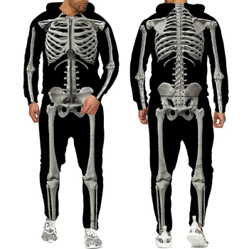 Pavasarį, Rudenį Naujų Halloweeen Cosplay Skeletas Splanchna 3D Spausdinimo Užtrauktukas sportiniai Kostiumai Vyrų Hoodie Kelnės 2 Vnt. Nustatyti Streetwear Kostiumai