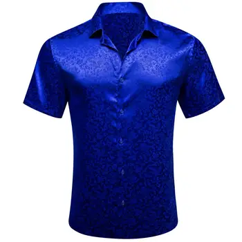Prabanga Trumpas Rankovės Marškinėliai Royal Blue Vasaros Šilko, Satino, Siuvinėta Gėlių Slim Fit Vyriškos Palaidinės Atsitiktinis Atvartas Viršūnes Barry Wang