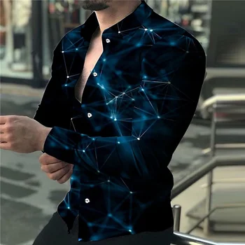 Prabangių mados vyriški dizaineris žvaigždėtas dangus violetinė mėlyna socialinės vyriški marškiniai atvartas plius dydis atsitiktinis polka dot spausdinti ilgomis rankovėmis viršų