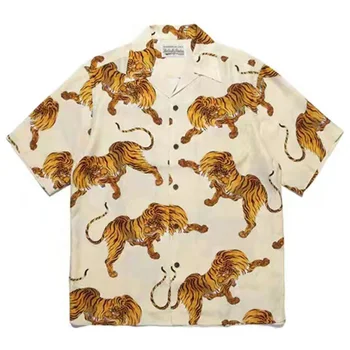 WACKO MARIA vyriški Trumpi Rankovėmis Marškinėliai moteriški 1:1 Negabaritinių Tigras Havajų Marškinėliai