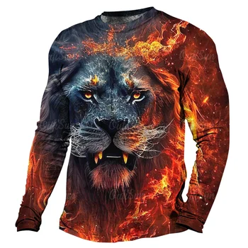 Derliaus vyriški T-Shirt 3d Tiger&Liūtas Marškinėliai Gyvūnų Grafinis ilgomis Rankovėmis Tees Laisvi O-Kaklo Rudenį Viršūnes Negabaritinių 5xl Vyrų Drabužiai.