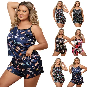 Didelis dydis 4XL womens pižama vasaros apvalios kaklo seksualus petnešos namų drabužių nustatyti plonas Spagečiai Dirželis šilko Imitacijos Amerikos