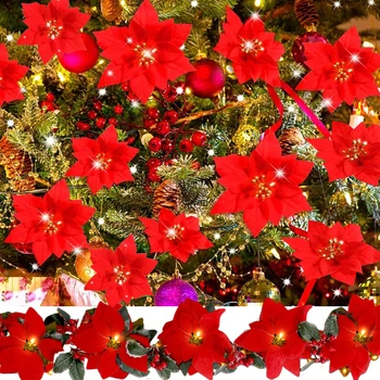 Dirbtinės Gėlės Poinsettia Kalėdų Gėlės Šviesos Eilutę Baterija Vestuvėms Durų Kalėdos Patalpų, Namų Dekoro Gėlių Lempos