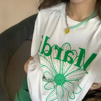 Korėjos Mardi Vasaros Nauji Vyriški T-shirt Paprasta Daisy Sun Flower Print Grynos Medvilnės marškinėlius Harajuku Tingus Trumpas Rankovės Tees Viršų