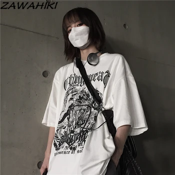 Korėjos Vasaros Mados Laišką Grunge Grafinis Spausdinti Trumpas Rankovės Marškinėliai Moterims Mėgėjams Prarasti Harajuku Stiliumi Hiphop Streetwear Viršų
