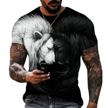 Liūto Kova su Gyvūnų Žvėris Nuožmus Vilkas 3D Marškinėliai Naujas Vasaros Vyrų Negabaritinių trumpomis Rankovėmis Juoda Balta Dizainas Poliesteris