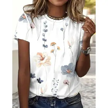 Moterų vasaros marškinėliai trumpomis rankovėmis, O ant kaklo 3D gėlių spausdinti moteriški marškinėliai viršų dėvėti Atsitiktinis negabaritinių laisvi moteriški marškinėliai 2023