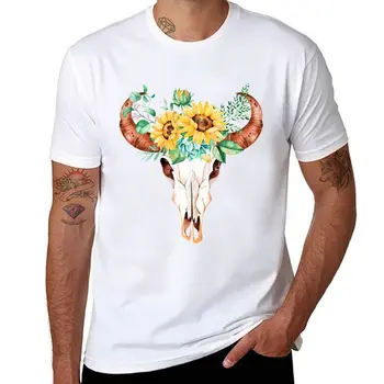 Naujas Saulėgrąžų puokštė, jaučio kaukolė, saulėgrąžų kaukolė, saulėgrąžos, akvarelės, tapybos saulėgrąžos T-Shirt marškinėliai žmogus t marškinėliai vyrams