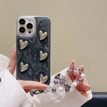 Prabanga 3D Meilė Širdies Blizgučiai Riešo Apyrankę Telefono dėklas Skirtas iPhone 14 Pro Max 13 12 11 vaizdo Kameros Apsaugos atsparus smūgiams Galinį Dangtelį
