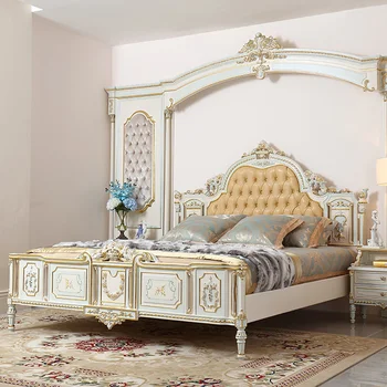 Rūmai prancūzijos baldai, medžio masyvo išdrožtos Rokoko kreko dažai 2 m double queen bed 1,8 m lovos