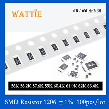 SMD Rezistorius 1206 1% 56K 56.2 K 57.6 K 59K 60.4 K 61.9 K 62K 63.4 K 100VNT/daug chip resistors 1/4W 3.2 mm x 1.6 mm
