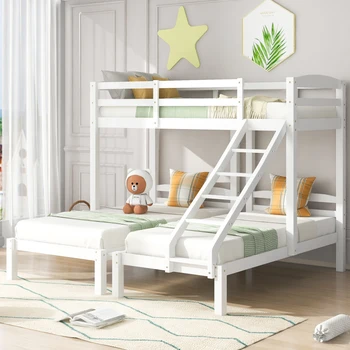 Trivietis lovos, trigubas, dviaukštės lovos, su šoniniais kopėčių, vaikams ir paaugliams, balta (90x 200cm)