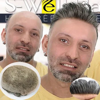 Vyrai Toupee Patvarus K6 Kvėpuojantis Nėriniai & Plonas PU Bazės Vyrų Žmonių Plaukų Perukas 1B50 Pilka Plaukų Sistema Protezavimas Pakeitimo Hairpieces